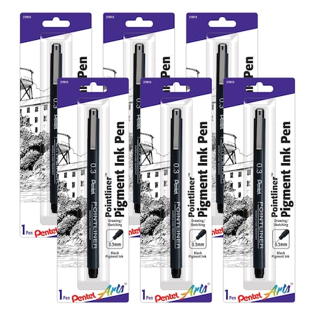 Pentel Pointliner Pen, 0.3mm, Black Pigment Ink, 6PK S20P3BPA