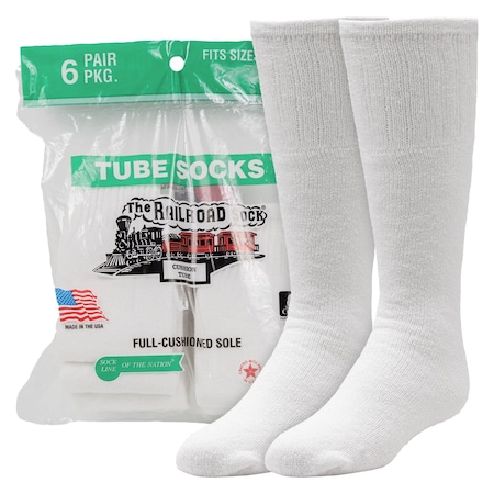 Railroad Sock Tube Socks, 85% Cotton, 15% Nylon, White, 13-5Y, 6 PK 7020