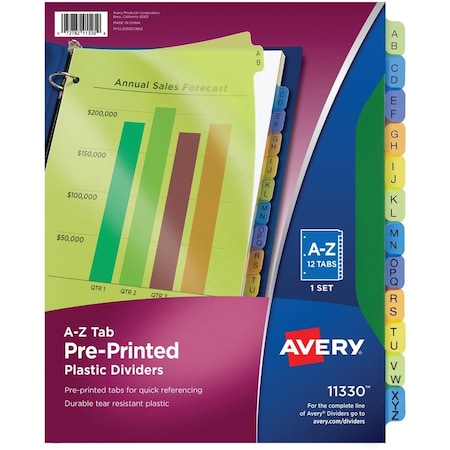 Avery Dennison Avery Preprinted Plastic Divider, Printed A to Z, 8.5"x11", 12 Tabs, Yellow/Assorted 11330