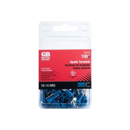 Gb Spade Terminal, 600 V, 16 to 14 AWG Wire, #4 to 6 Stud, Vinyl Insulation, Blue0, 100PK 10-113