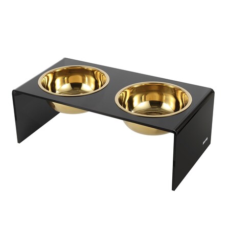 The Licker Store Keaton 7.5 in Modern Rectangular Elevated Pet Feeder with 54oz 2-Stainless Steel Bowls, Black/Gold DBL2001B