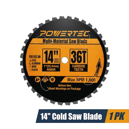 Powertec Multi-Material 14in Cold Saw Cutting Blade, 1in Arbor, 36T TCG - 1600 Max RPM 14013