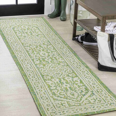 Jonathan Y Sinjuri Medallion Textured Weave Cream/Green 2 ft. x 8 ft. Indoor/Outdoor Runner Rug SMB101H-28