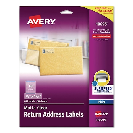 Avery Easy Peel Return Address Labels with Sure Feed Technology, Inkjet, 0.66 x 1.75, Matte Clear, 600PK 18695