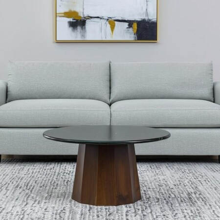 Homeroots 35" Black and Walnut Genuine Marble and Solid Wood Round Pedestal Coffee Table 565083