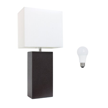 Homeroots 21" Espresso Faux Leather Table Lamp LED With White Shade 643003