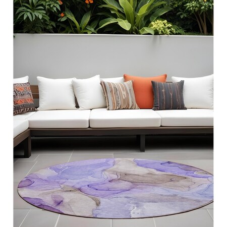 Homeroots 8' Round Gray and Purple Round Abstract Washable Non Skid Indoor Outdoor Area Rug 559528