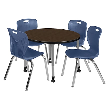 Regency Round Kee Mobile Adjustable Classroom Table W/ 4 Andy Chairs, 36 in W, 36 in L, Neo Walnut TB36RNDNWAPCGY40NV