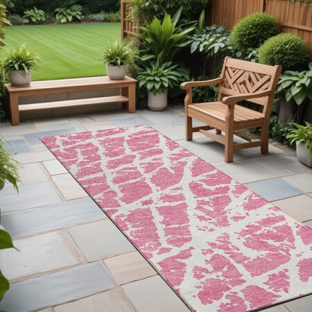 Homeroots 8' Runner Pink and Ivory Abstract Washable Non Skid Indoor Outdoor Runner Rug 559299