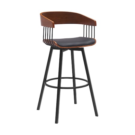 Armen Living Athena 31in Swivel Walnut Wood Bar Stool in Black Faux Leather with Black Metal LCATBAWABLK30