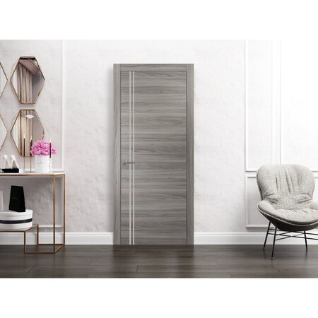 Sartodoors Modern Solid Interior Door with Handle, Planum 0310 Ginger Ash and Aluminum Strips, Single Regural PLANUM0310ID-GA-18