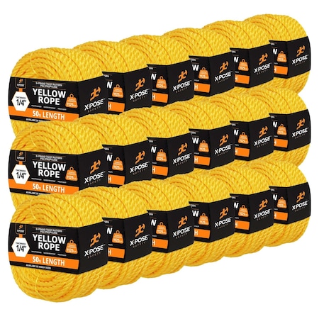 Xpose Safety 1/4in x 50 ft Twisted Polypropylene Rope, Yellow, 18PK YPR14-50-18-X
