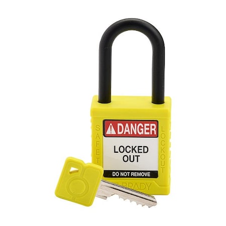 Brady Padlock, Keyed Different, Nylon, Yellow, 1 1/2 in Shackle Height, 1 1/2 in Body Width SDPL-YLW-38PL-KD