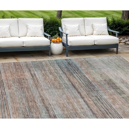 Homeroots 10' X 14' Copper Gray And Blue Striped Washable Indoor Outdoor Area Rug 588057
