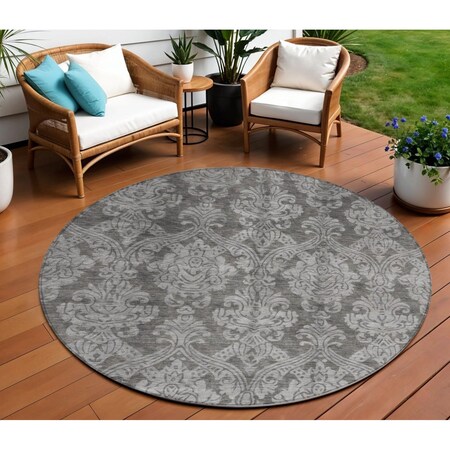 Homeroots 8' Gray And Pewter Round Damask Washable Indoor Outdoor Area Rug 616528