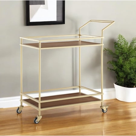 Homeroots 33" Gold And Brown Iron and Wood Rolling Bar Cart 551673