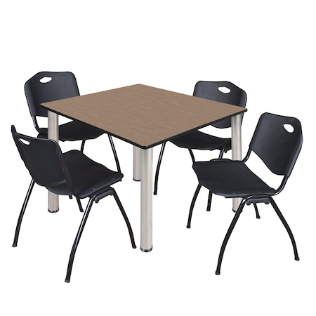 Regency Square Kee Breakroom Table W/ 4 M Stack Chairs, 48 in W, 48 in L, Noble Oak TB4848NOBPCM47BK
