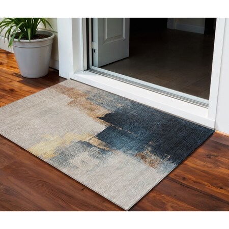 Homeroots 3' X 5' Taupe Black And Blue Abstract Washable Indoor Outdoor Area Rug 603035