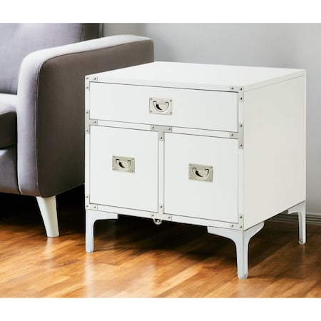Homeroots 24" White and Silver Wood and Metal End Table With Drawer And Shelf 544107