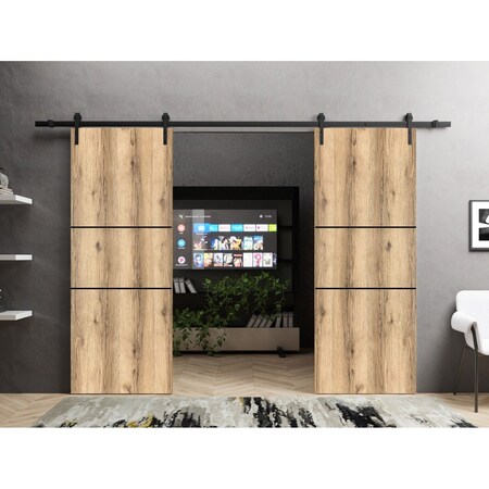 Sartodoors Sliding Double Barn Doors with Hardware, Planum 0014 Oak and Aluminum Strips, 13FT Rail Hangers Stu PLANUM0014DB-DUB-36