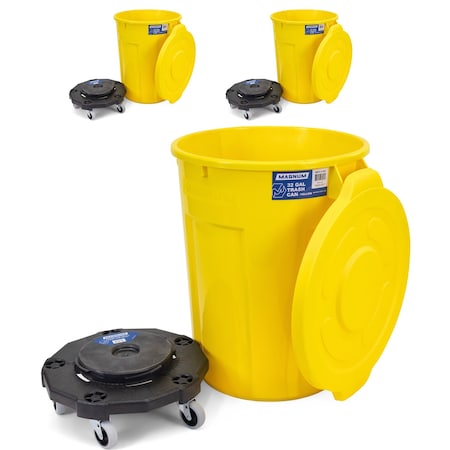Magnum Tool Yellow 32 Gallon Trash Can Set (Trash Can, Quiet Dolly, and Reinforced Lid) (3 Set) CMTC-CLD0-32Y03