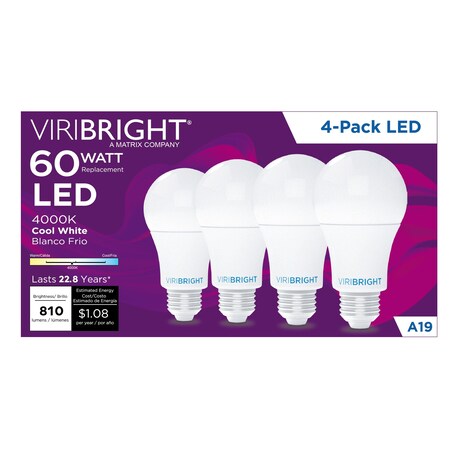 Viribright A19 E26 CEC T20 LED LIGHT BULB 4000K, 4PK EA19/T20/4K/450108-4