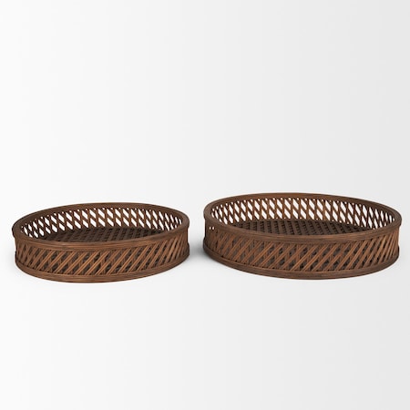 Homeroots Set of Two Brown Round Wicker Handmade Serving Tray 609099
