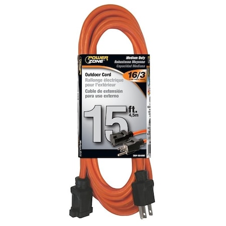 Powerzone Extension Cord, 16 AWG, Outdoor, 5-15R, 5-15P, 15 ft OR501615