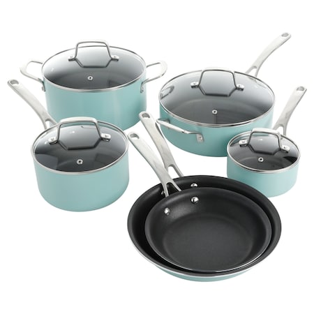 Martha Stewart Lockton 10 Piece Aluminum Nonstick Enamel Cookware Set in Mint with Lids 128939.1