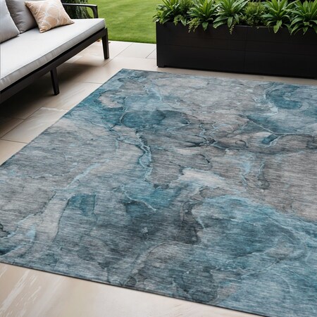 Homeroots 5' X 8' Teal Blue And Navy Blue Abstract Washable Indoor Outdoor Area Rug 581774