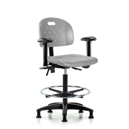 Blue Ridge Ergonomics Poly Chair-High Bench Height with Adjustable Arms, Chrome Foot Ring, &Stationary Glides in Gray Poly HPHBCH-RG-T0-A1-CF-RG-GRY