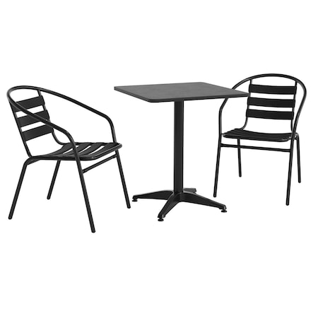 Flash Furniture Lila 23.5'' Black Square Aluminum Indoor-Outdoor Table Set w/2 Black Slat Back Chairs TLH-ALUM-24SQ-017BK2-GG