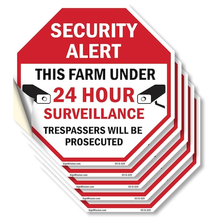 Signmission Security Alert This Farm Under 24 H, 4 inch X 4 inch, Vinyl Decal, 5PK OC-D-5PACK-4-329