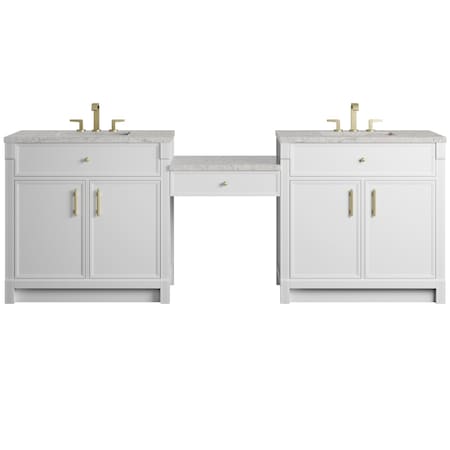 James Martin Vanities Bellshire 96" Dual Vanity Set w/24" Make-Up Counter, Bright White w/3 cm Eternal Jasmine Pearl Siles 660-VMC96-BW-3EJP