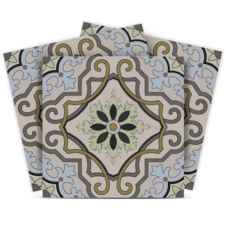 Homeroots 12" X 12" Taupe and Blue Scroll Peel and Stick Tiles 555952