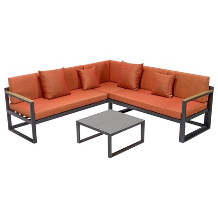 Leisuremod Chelsea Black Sectional With Adjustable Headrest & Coffee Table With Orange Cushions CSLBL-80OR
