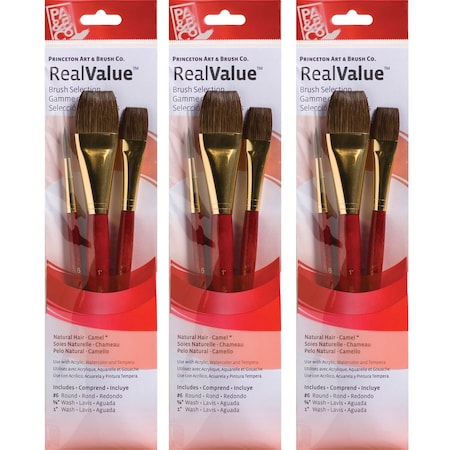 Princeton RealValue Brush Set, Camel Bristles, Short Handle Mixed Media Paintbrush, Red, 3-Piece Set, 3PK PR9122