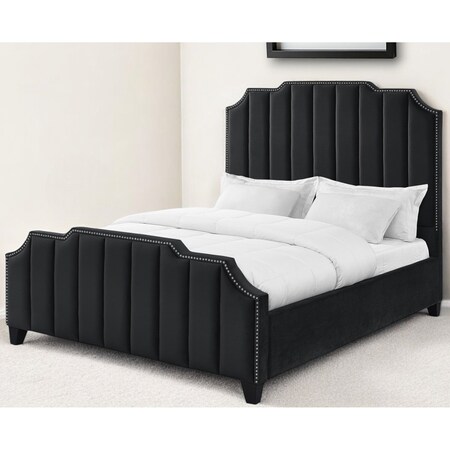 Homeroots Black Solid Wood King Tufted Upholstered Velvet Bed with Nailhead Trim 544915