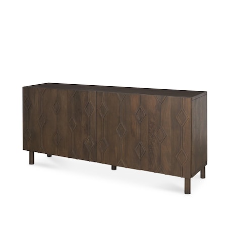 Homeroots 71in Dark Brown Solid Wood Carved Geometric Sideboard Soft Close with Four Doors 611023