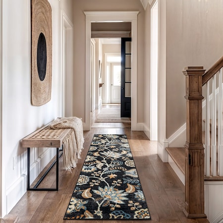 World Rug Gallery Floral Medallion Runner Rug 2 ft 3 in x 12 ft Black WR143BLACK27X12