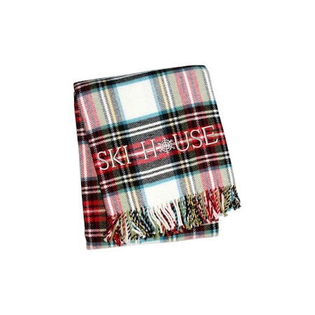 Homeroots 55" X 70" Black Red And White Plaid Cotton Blend Ski House Embroidered Throw Blanket with Fringe 713571