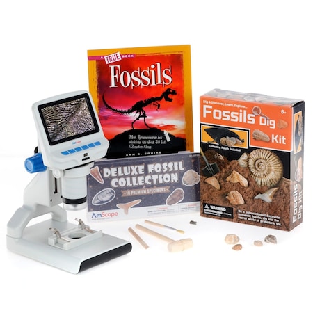 Amscope Kid's Fossil Adventurer featuring 1080P HD Portable LCD Digital Color Microscope, Fossil Dig Kit, 18- KVB-FOS-140-ADV