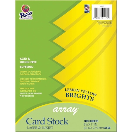 Pacon Card Stock, Lemon Yellow, 8-1/2" x 11", PK100 P101172