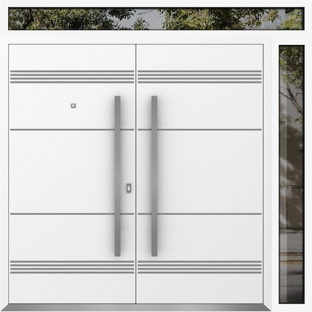 Vdomdoors Metal Double Doors Deux 1705 White Enamel 1 Sidelight and Top Transom Entry Modern Painted 84x96 (W DEUX1705DEXD-BEM-W72+12xH80+16-LH-I