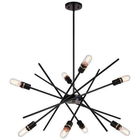Vaxcel Halsted 8 Light Black and Satin Brass Mid-Century Modern Sputnik Pendant Light P0391