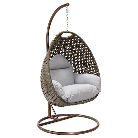 Leisuremod Beige Wicker Hanging Egg Swing Chair with Light Grey Cushions ESCBG-40LGR