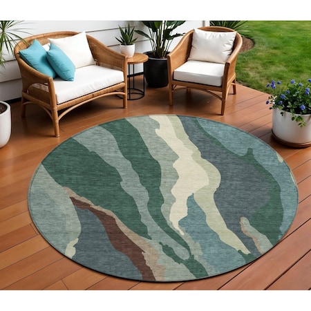 Homeroots 8' Sage Brown And Beige Round Abstract Washable Indoor Outdoor Area Rug 601004