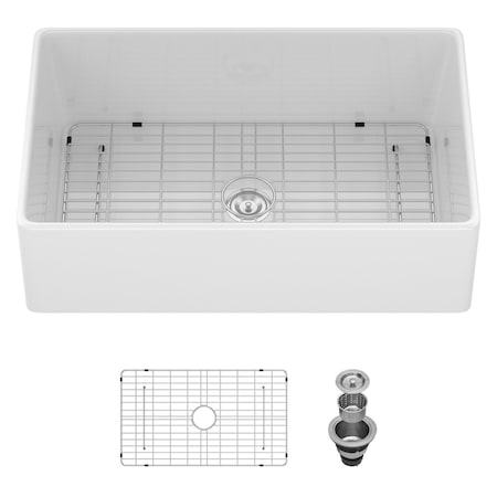 Wrightmaster 33" Apron-Front Farmhouse Single Bowl White Ceramic Kitchen Sink w/Bottom Grid and Basket Strainer ZOR-AW332010DS