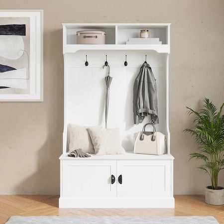 Flash Furniture Fraser 40" Wide Hall Tree with Double Door Storage Bench, Coat Rack with 4 Black Double Hooks, and 2 Upper Storage Cubbies in White NAN-FY-HY-HT04-WHT-GG