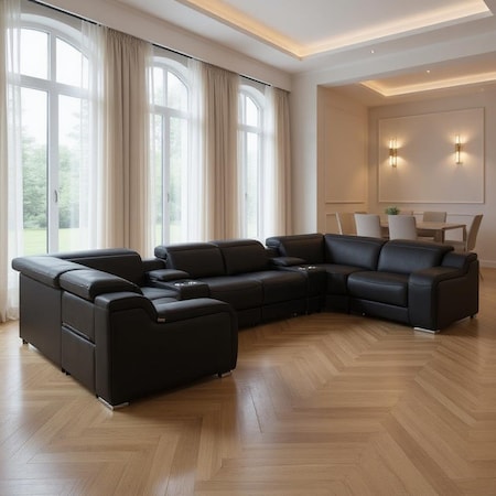 Homeroots Black Italian Leather Power Reclining U Shaped Eight Piece Corner Sectional With Console 632569